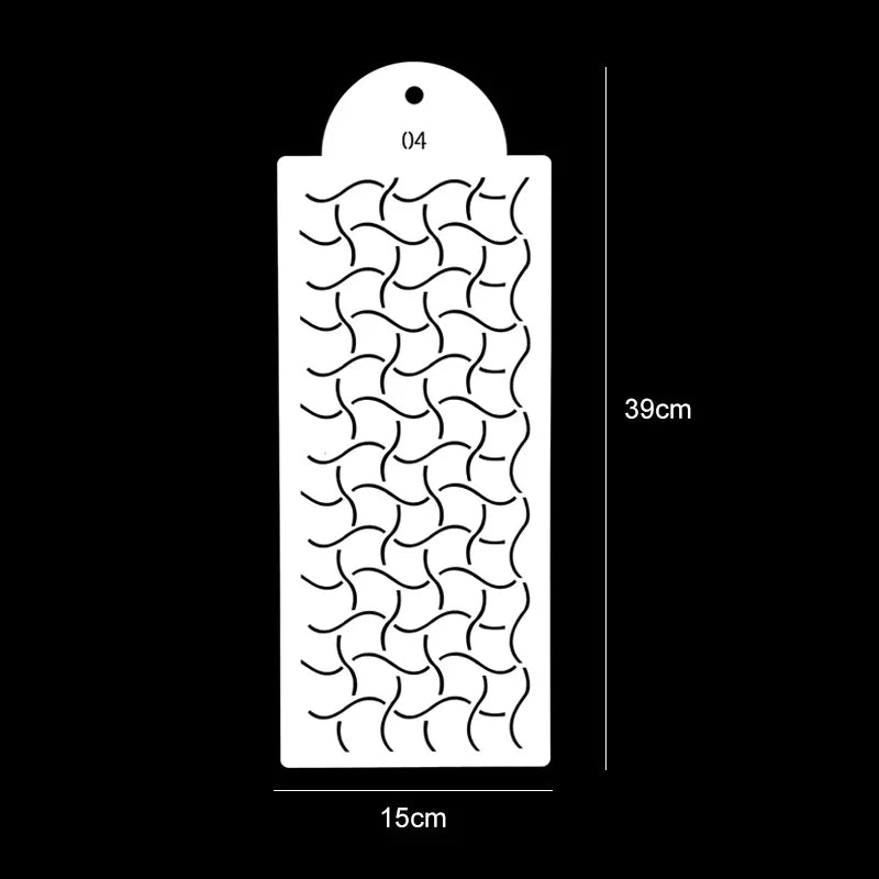 A white plastic cake stencil with a decorative, repeating, wavy pattern.