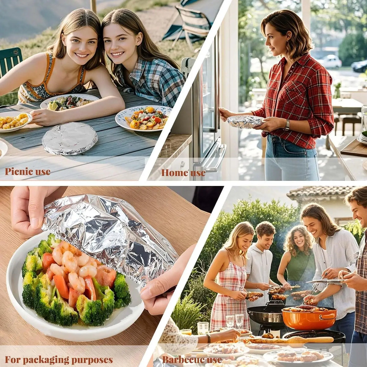 Images showing the use of durable aluminum foil food covers for picnic, home cooking, and barbecue.