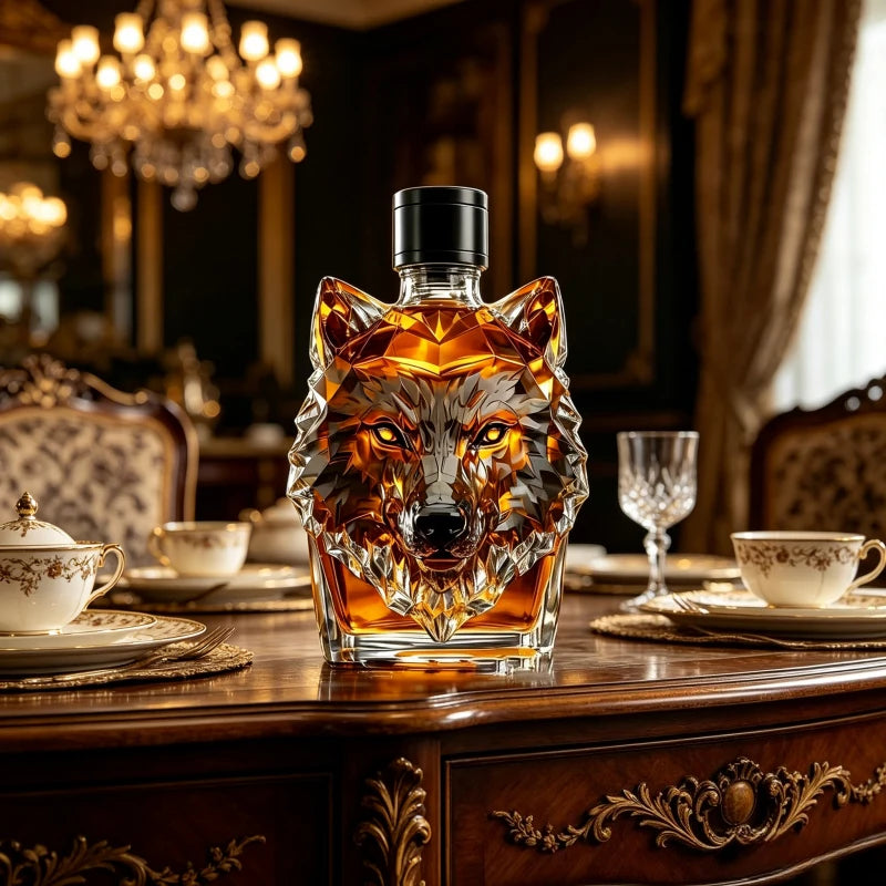 Decantador de whisky cristal con forma de cabeza de lobo sobre una mesa de madera con una lámpara de araña de fondo.