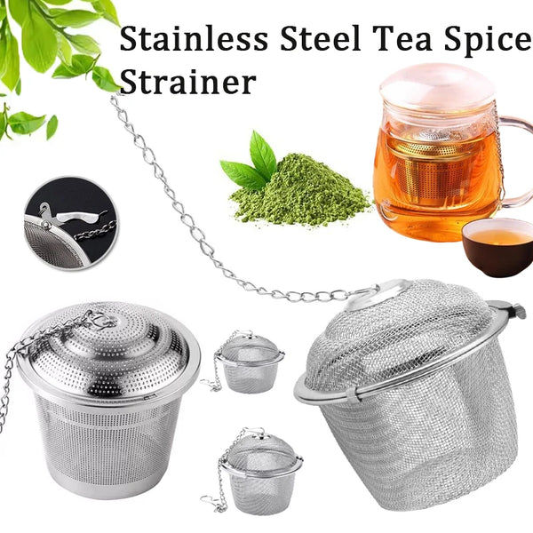 Stainless steel tea spice strainer set showing a chain strainer, a mesh strainer, and a perforated teapot
