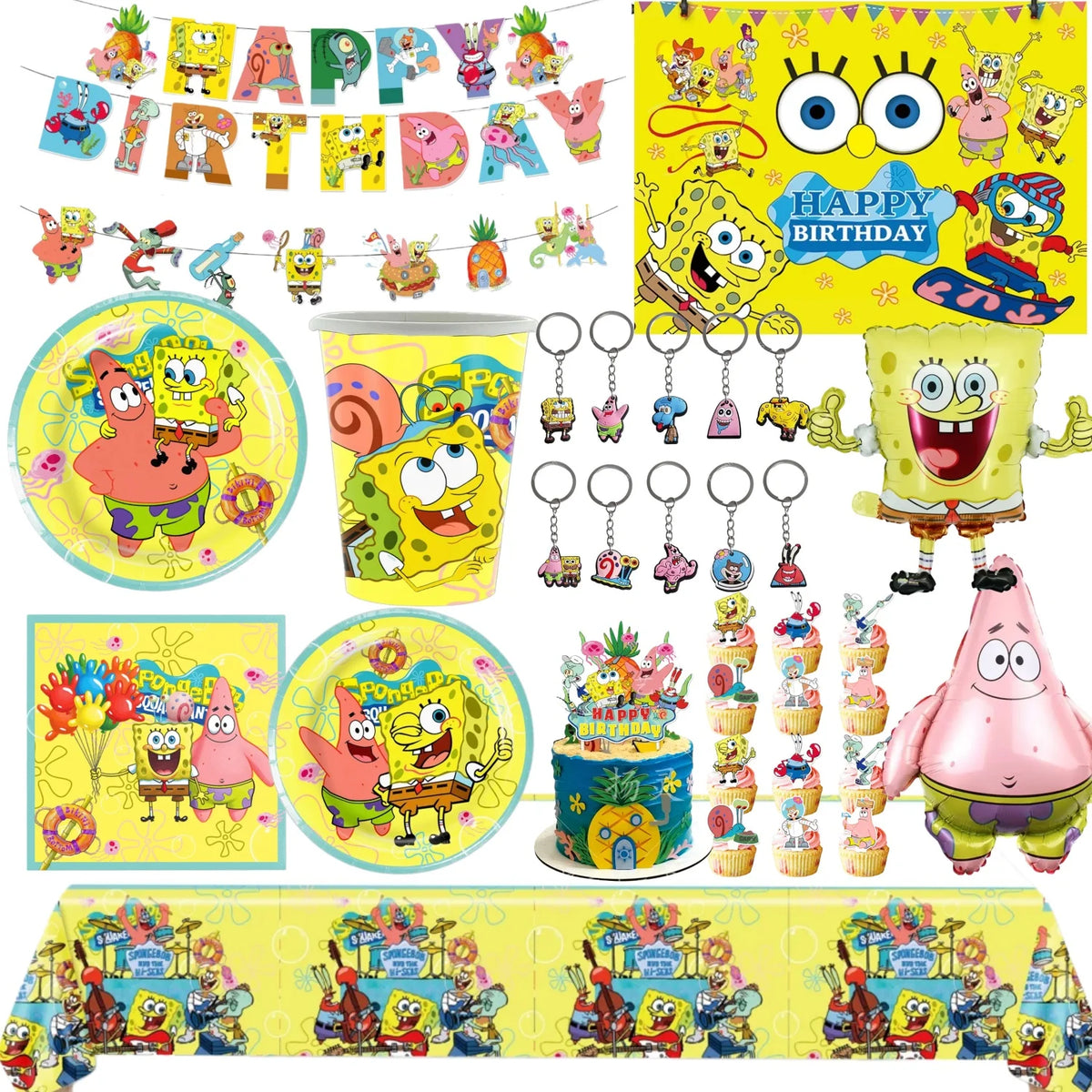 A colorful disposable party set featuring SpongeBob characters and decorations.