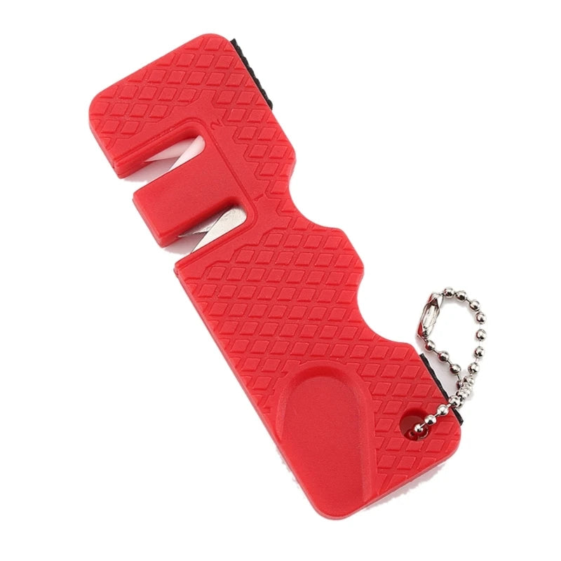 A red portable mini knife sharpener keychain with a textured body and a metal chain.