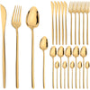 A set of gold-toned stainless steel dinnerware including forks, spoons, and knives for formal dining.