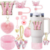 A kit of pink glitter W letter accessories for a tumbler, including silicone boot, straw covers, and charms.