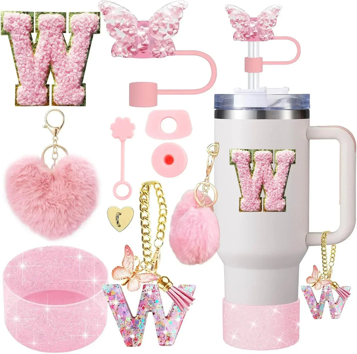 A kit of pink glitter W letter accessories for a tumbler, including silicone boot, straw covers, and charms.