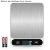 A silver digital kitchen scale with a black display and power button, shown against a white background.