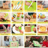 A collection of toddler kids fruit and vegetable cutting tools including knives, cutters, peelers, and scrapers.