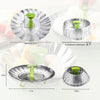 Foldable stainless steel steamer basket with expandable lotus design shown in various sizes and angles.