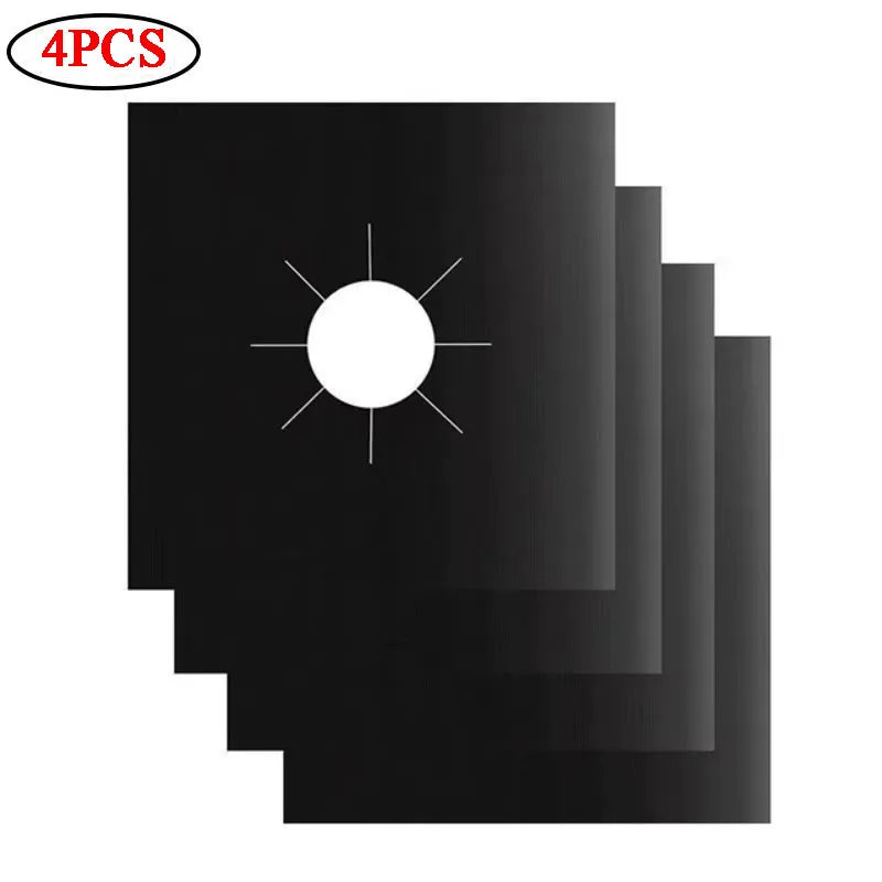 Four black gas stove protector liners stacked together.