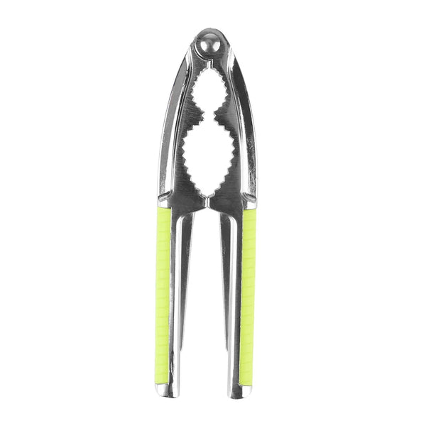 Stainless steel nut cracker tool with a serrated blade and bright yellow handle