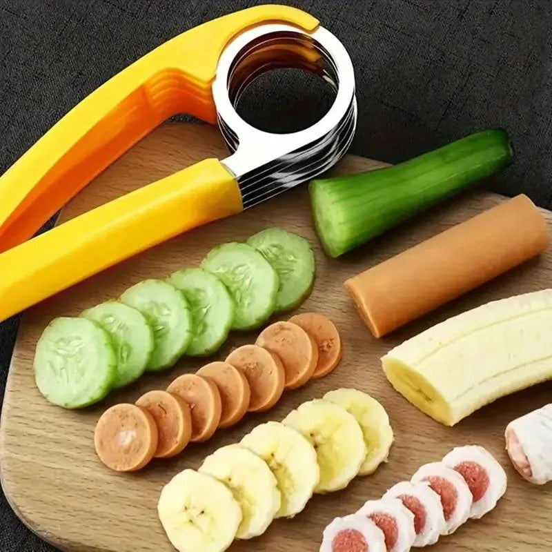 A wooden cutting board displays various sliced fruits and vegetables like cucumbers bananas and grapefruit next to a yellow k