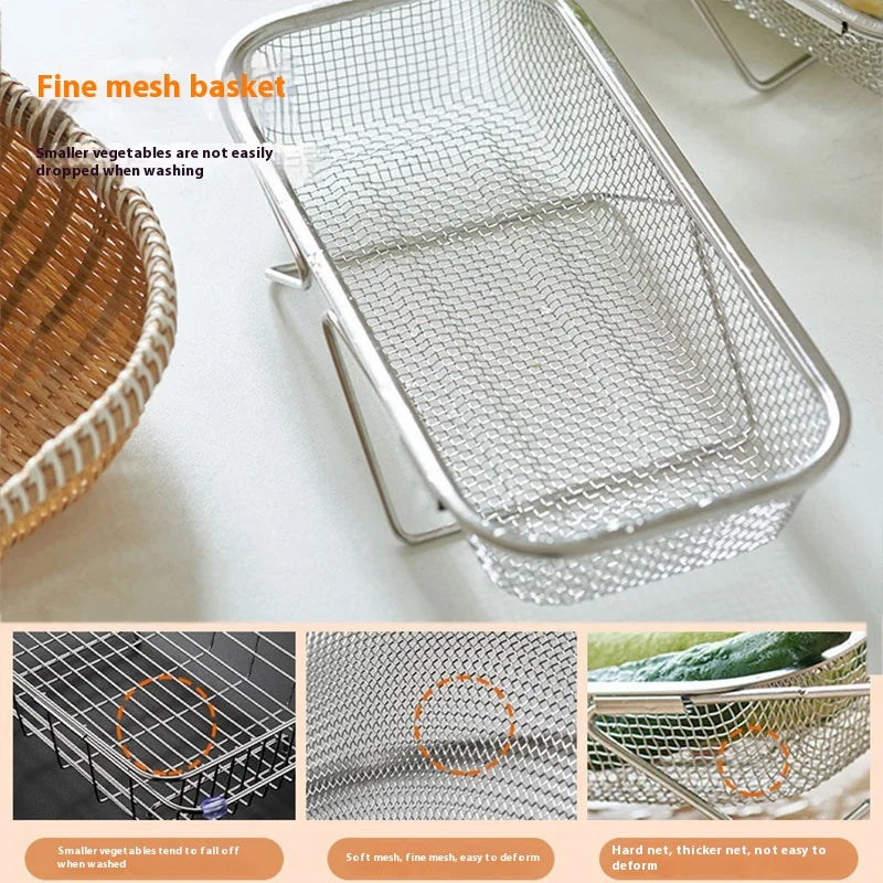 A stainless steel fine mesh basket used for draining vegetables or tableware.