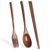 A set of natural wood dining utensils including a fork, spoon, and chopsticks.