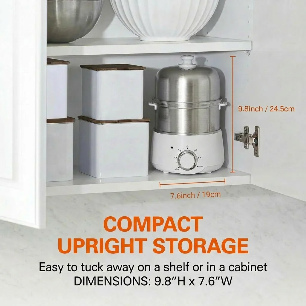 Compact upright storage of a silver electric steamer on a white shelf.