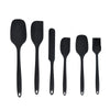 A set of six black silicone kitchen tools for baking and food preparation.