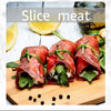 Three images showing cut thin sushi, sliced meat, and cut vegetables.