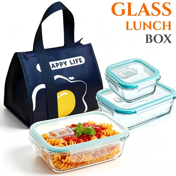 A black and blue silicone bag and three clear glass containers for meal prep lunch boxes.