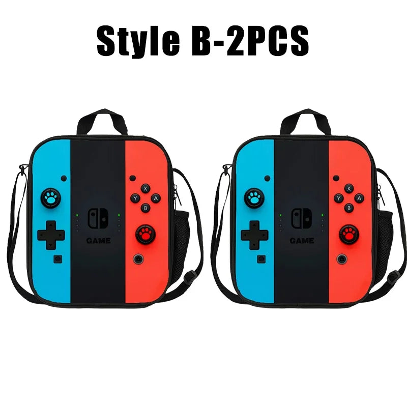 Two insulated thermal lunch bags in blue and orange colors with game controller designs.