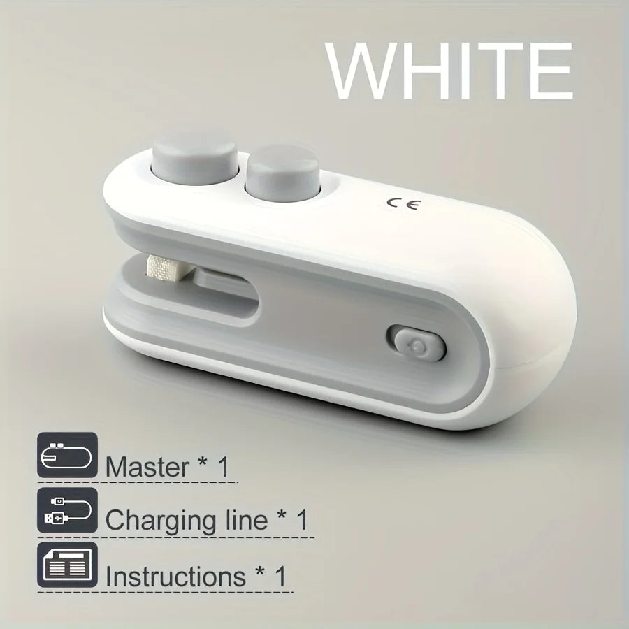 A white portable magnetic bag sealer device with a power button and charging line accessories.