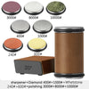 A collection of diamond sharpening stones and a wooden roller for knife sharpening.