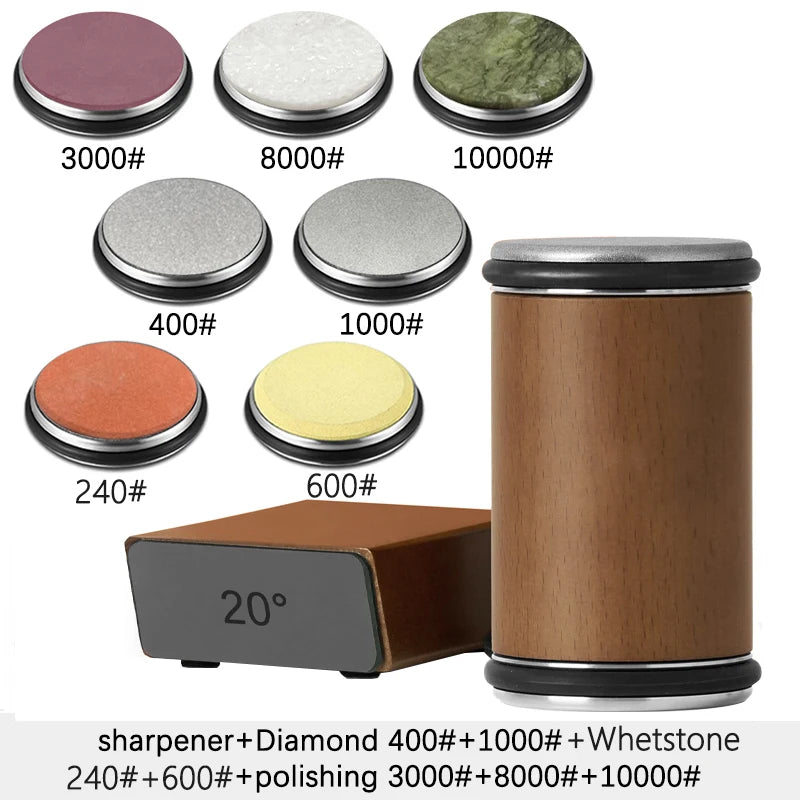 A collection of diamond sharpening stones and a wooden roller for knife sharpening.
