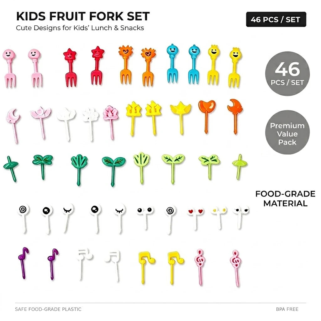 Un juego de 46 diseños de tenedores de fruta para niños en varios colores y formas, hechos de material apto para alimentos.