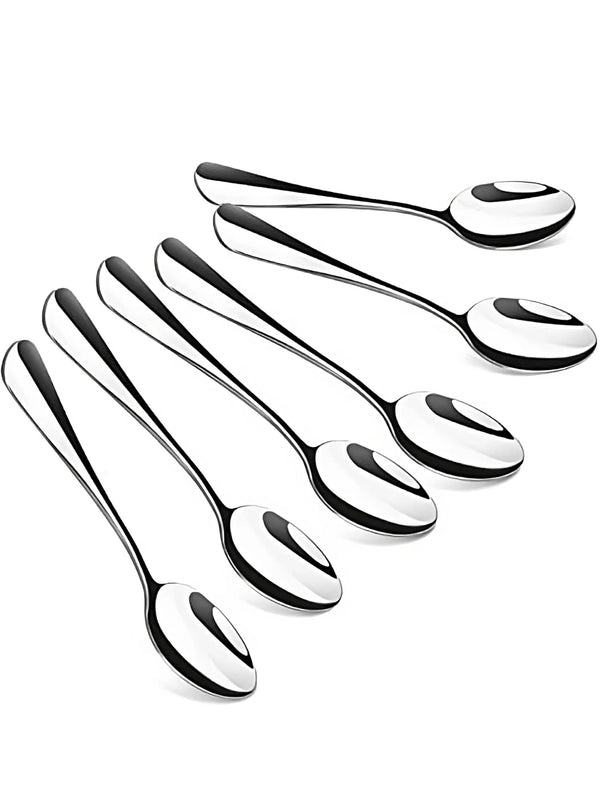 Ein Set aus fünf Mini-Espresso-Rührlöffeln aus Edelstahl mit silbernen und schwarzen Akzenten.