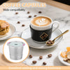 Reusable stainless steel coffee filters and a cup of latte on a white table