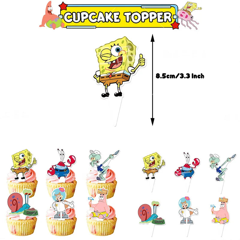 A set of SpongeBob theme disposable cupcake toppers featuring characters like SpongeBob and Patrick.