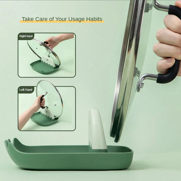 A hand is shown placing a kitchen utensil with a lid into a green holder, demonstrating proper usage habits.
