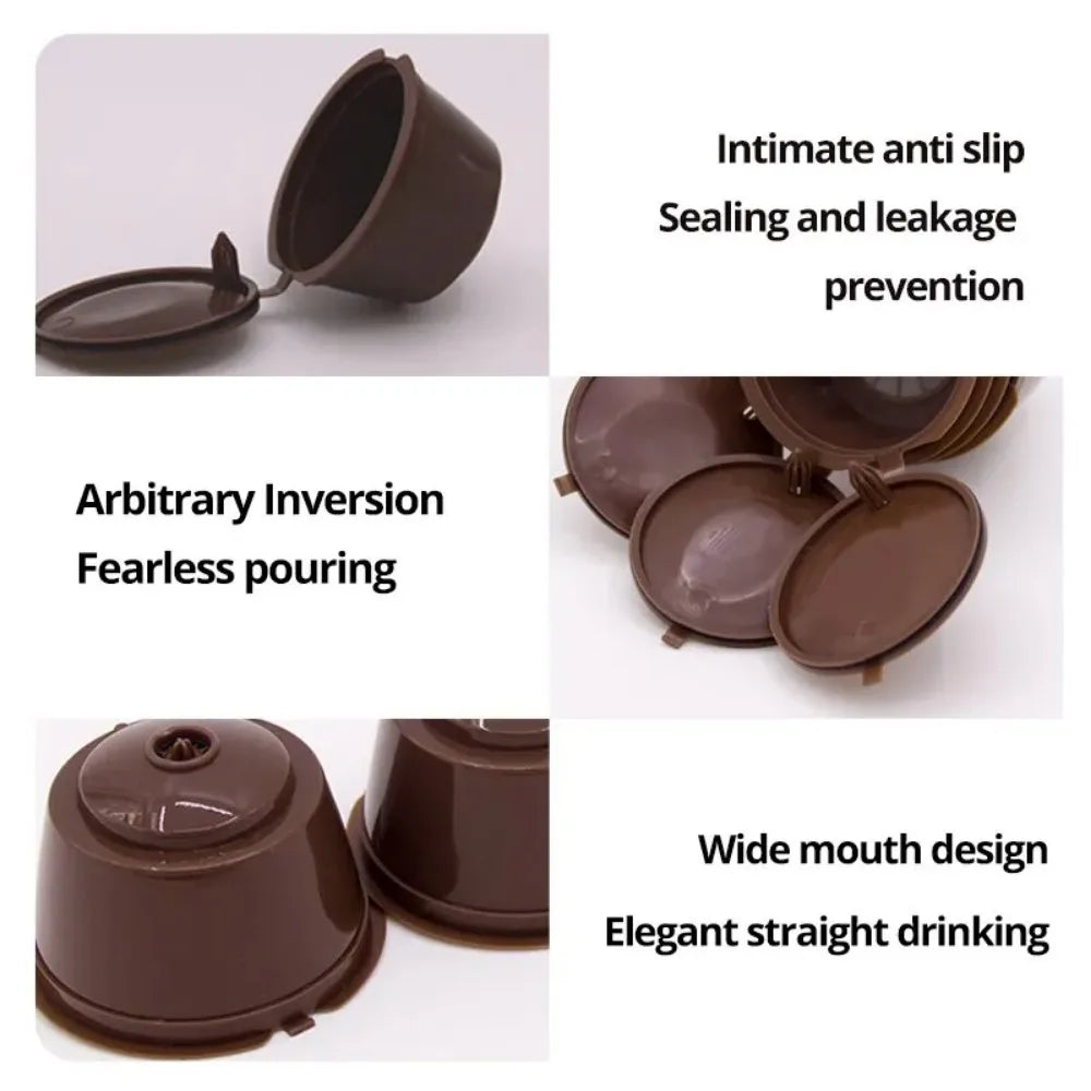 A set of reusable brown coffee capsules designed for Dolce Gusto machines, featuring anti-slip sealing and a wide mouth for e