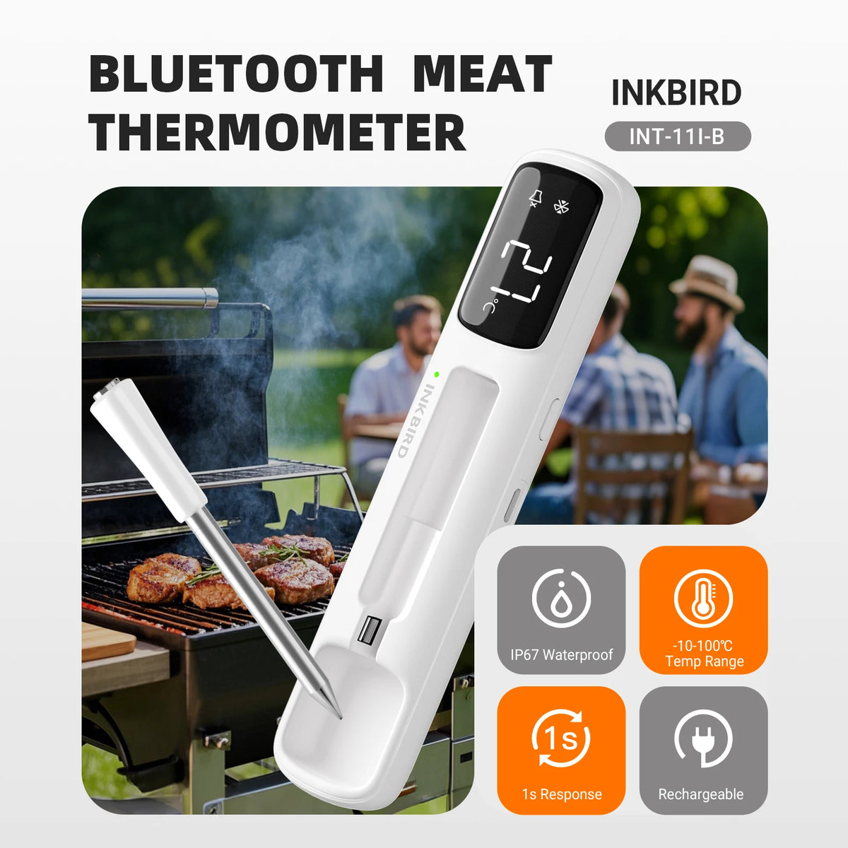 A white Inkbird INT-111-B Bluetooth meat thermometer is shown next to cooked meat on a grill.