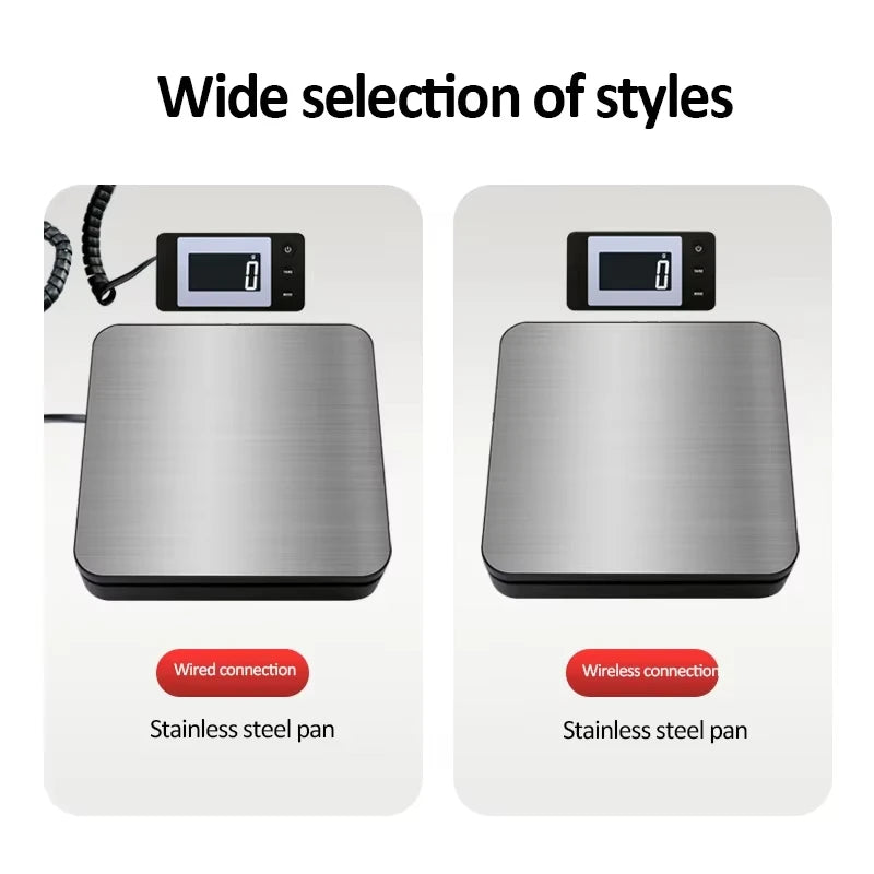 A stainless steel pan used for a high-precision digital platform scale, shown with wired and wireless connection options.