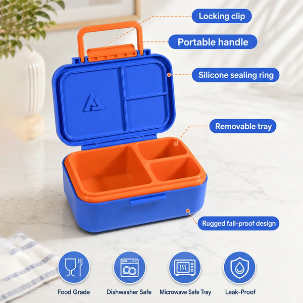 Blau-orange 3-teilige Lunchbox mit Tragegriff, Silikonverschlussring und robustem Sturzschutz
