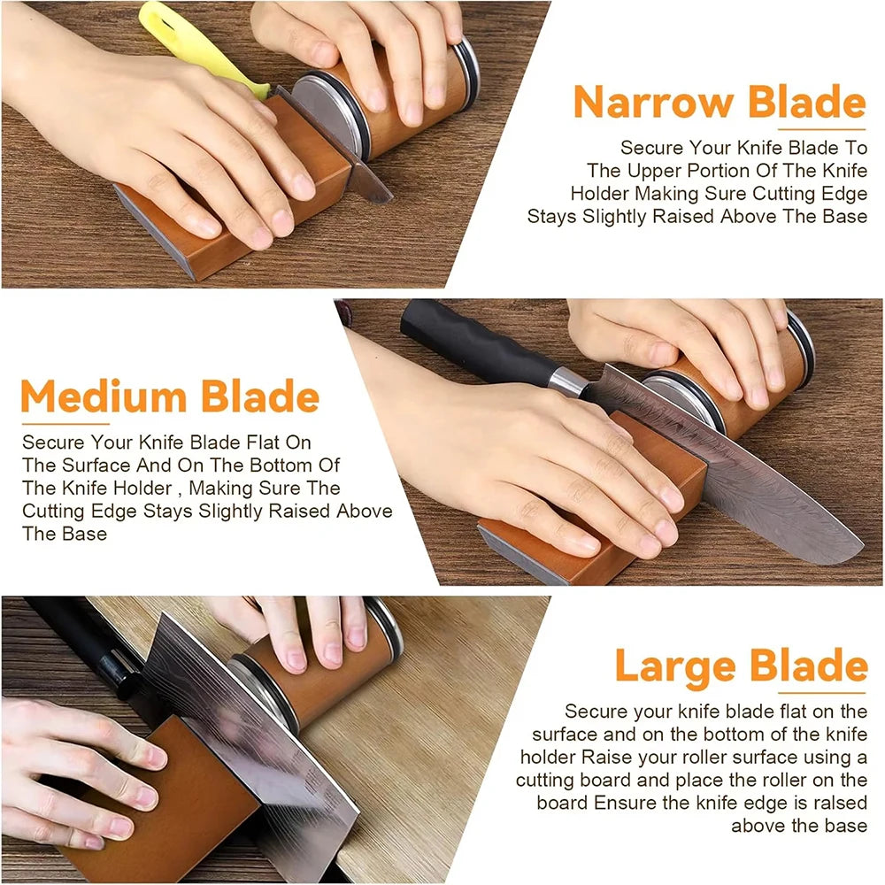 Demonstration of securing a knife blade on a holder for narrow, medium, and large blades.