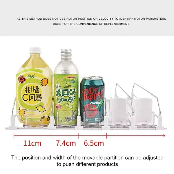 Verstellbarer Feder-Dispenser mit mehreren Fächern zum Aufbewahren und Ausgeben von Produkten in Küche oder Kühlschrank.