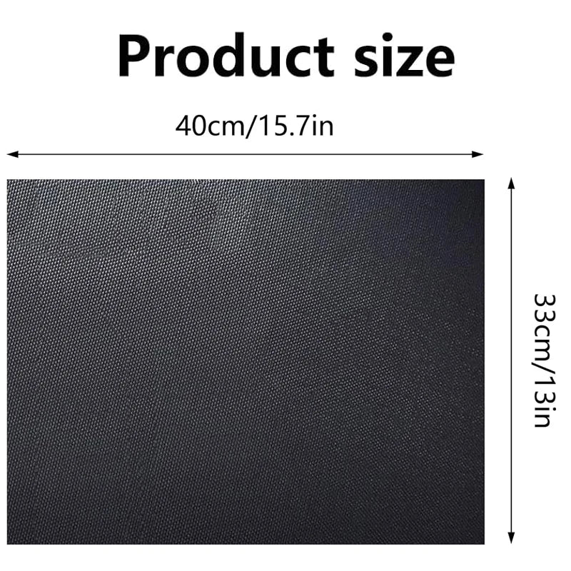 Black reusable non-stick oven and grill liner with dimensions of 40cm by 33cm.
