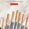 A set of seven original Japanese Damascus steel kitchen knives with olive wood handles displayed against a light background.