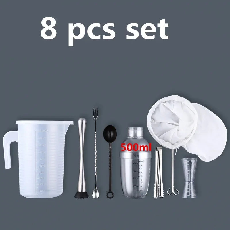 An 8 piece set of premium plastic cocktail shaker tools including a jug, strainer, muddler, and various accessories.