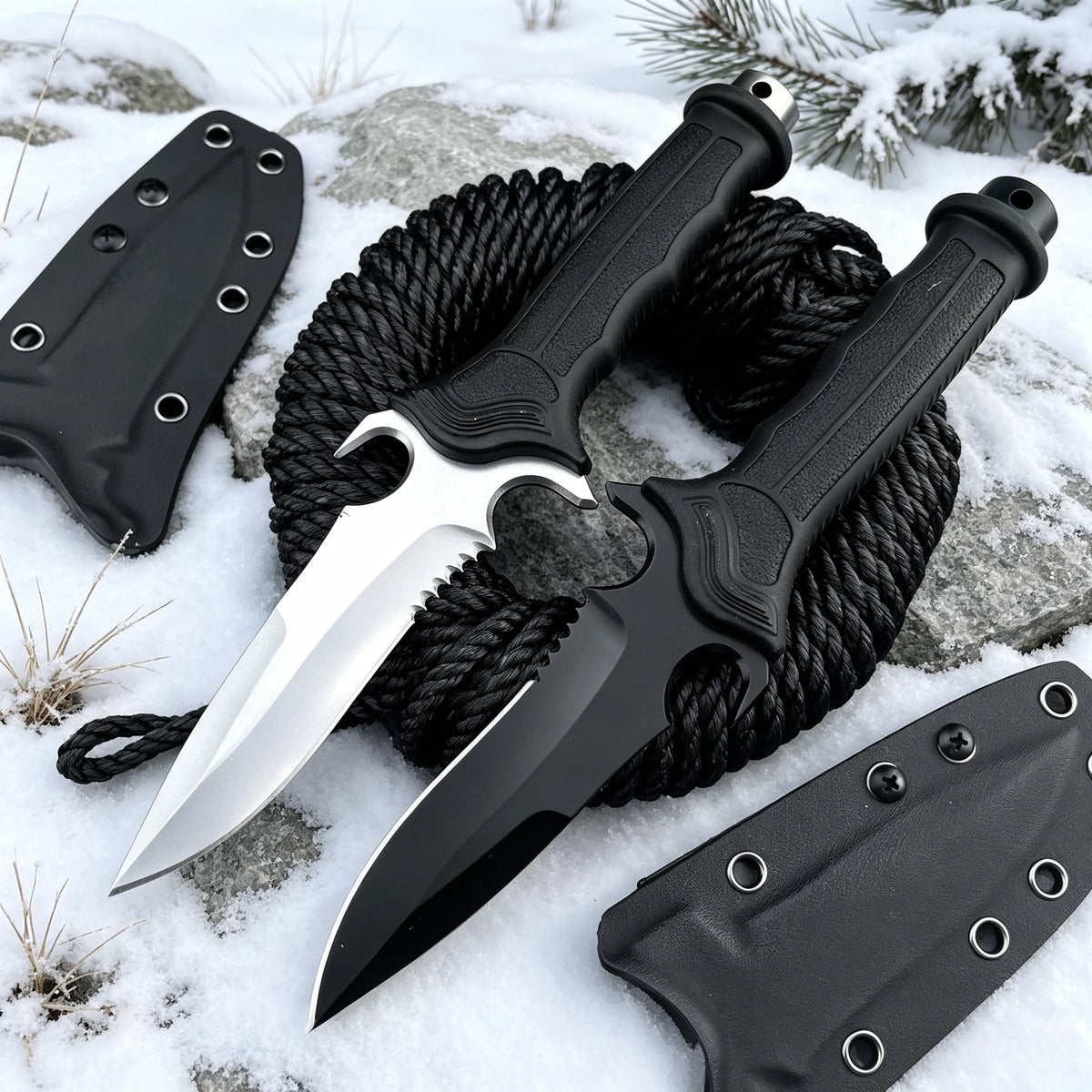 A fixed blade utility knife with a silver blade and black handle is shown next to its nylon sheath on a snowy surface.