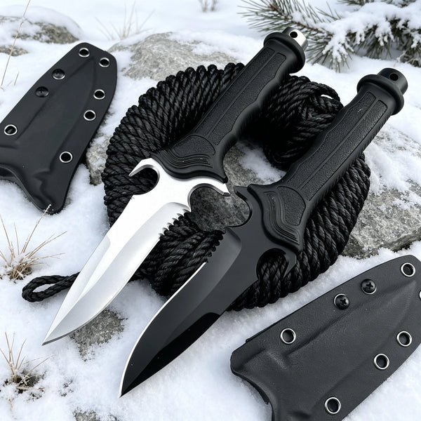 Ein Multifunalklappmesser mit silberner Klinge und schwarzem Griff neben seiner Nylonhülle auf verschneitem Untergrund.