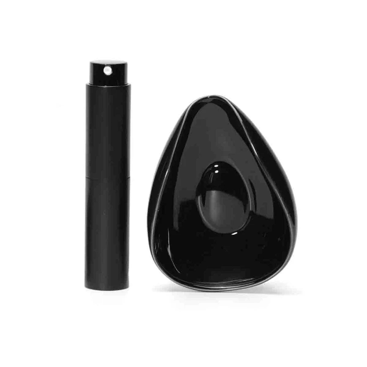 Black ceramic coffee dosing and spray kit with a cylindrical dispenser and a conical measuring cup.
