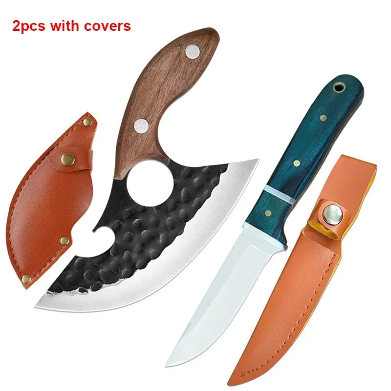 A heavy-duty utility cleaver knife with a black blade and wooden handle, shown with protective covers.
