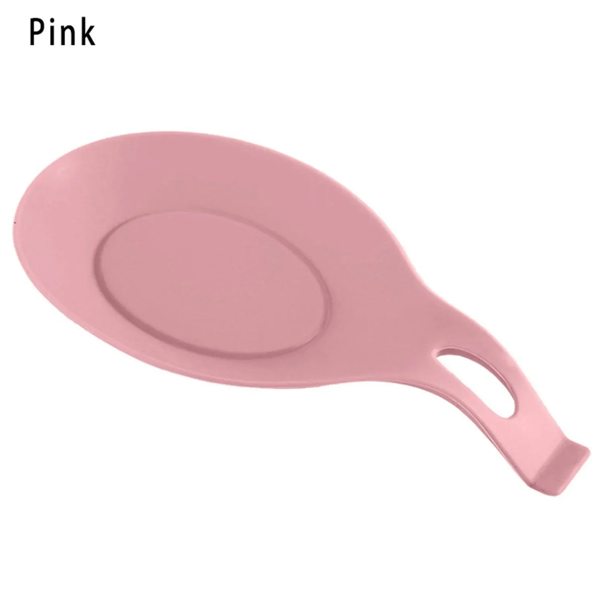 A pink silicone utensil holder with a curved handle used as a kitchen organizer.