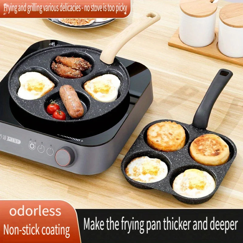 A black electric frying pan cooker with four compartments for cooking eggs and sausages.