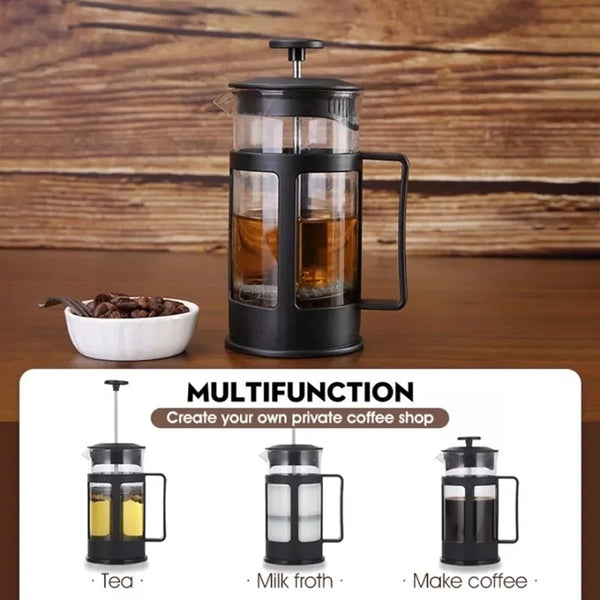 A black stainless steel French press coffee maker is shown with various functions like tea, milk froth, and making coffee.