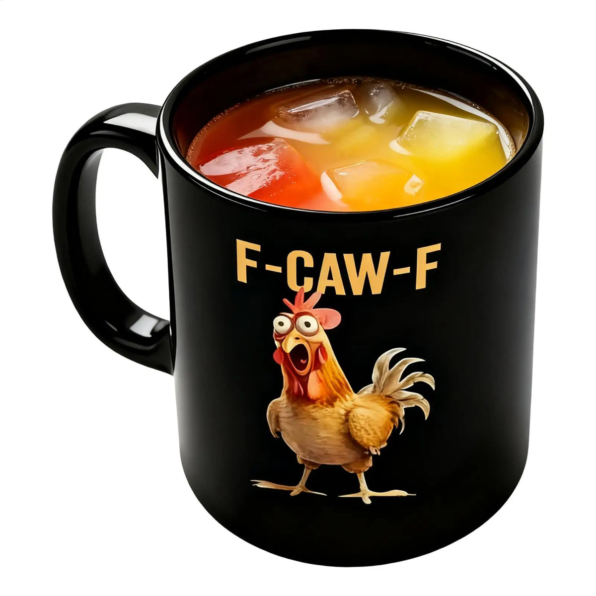 A black ceramic mug featuring a cartoon chicken design and the text F-CAW-F.