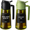 A glass oil sprayer bottle with a black top and a light green spout, containing avocado oil.