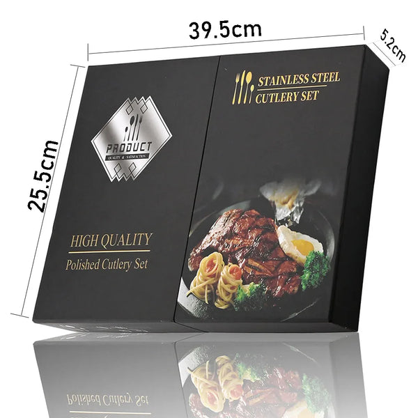 Schwarze Box mit Besteckset aus Edelstahl und verschiedenen Küchenutensilien.