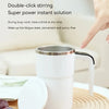 A white insulated coffee cup with a silver lid is shown being held by a hand, emphasizing its double-click stirring feature.